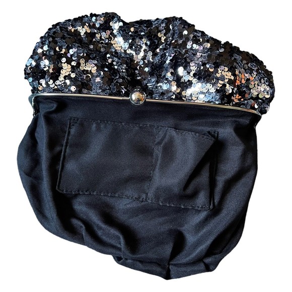 Mossimo Black Sequin Kiss Lock Clutch 13" W x 9" H Scrunchy Glitter Purse - Picture 6 of 12